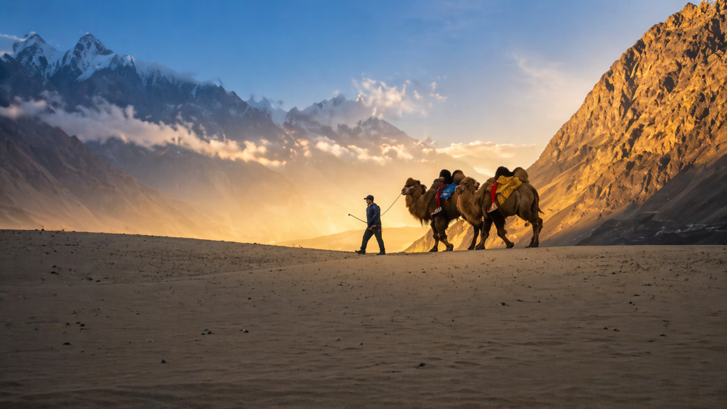 two-double-hump-camel-and-shephard-in-ladakh-cold-desert