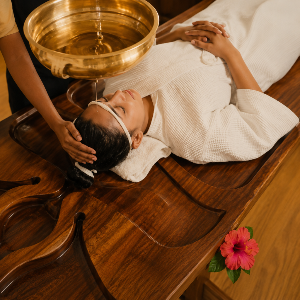 woman-lying-on-wooden-bed-receiving-panchakarma-wellness-experience-treatment