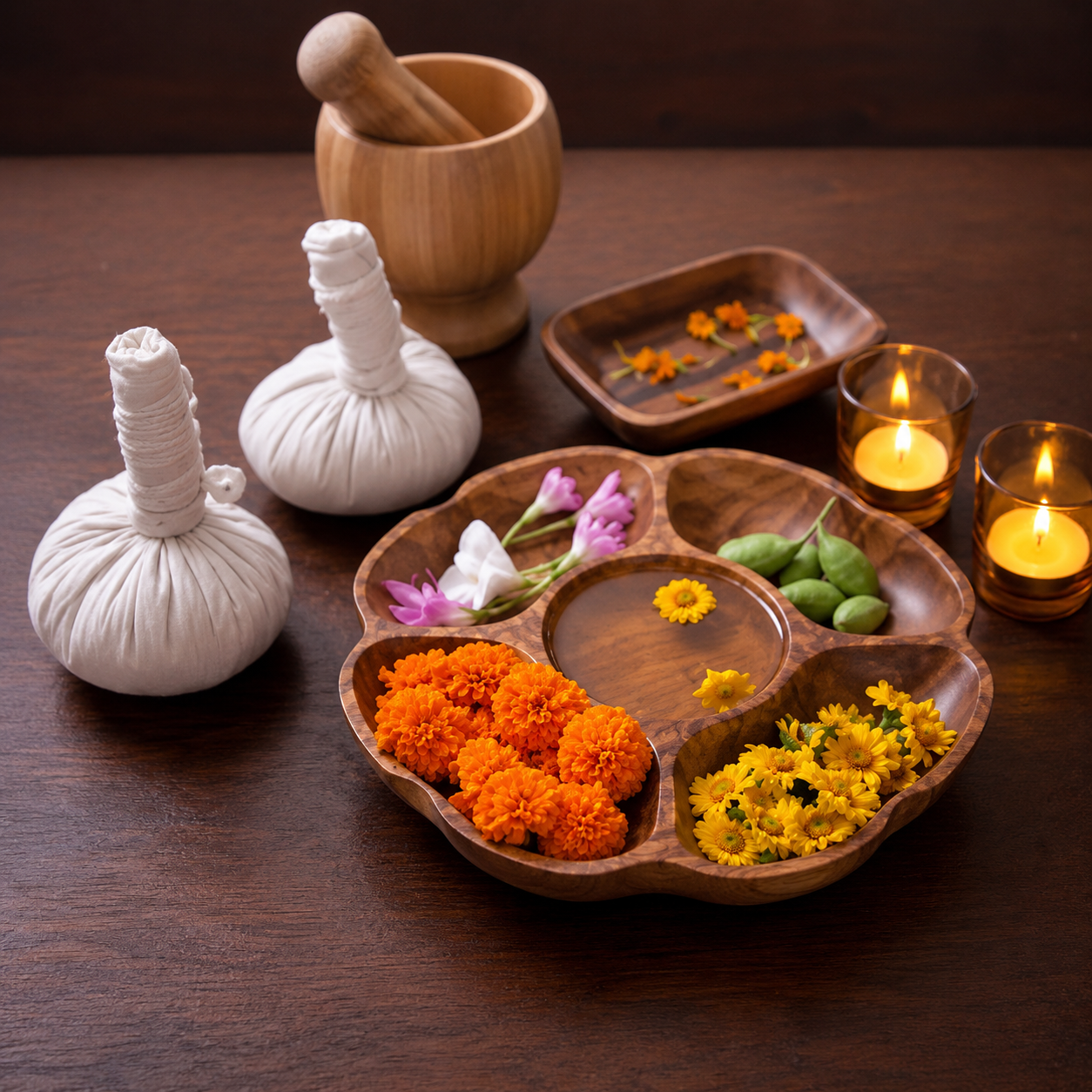 traditional-ayurveda-ingredients-oil-lamps-flowers-mortar-for-display