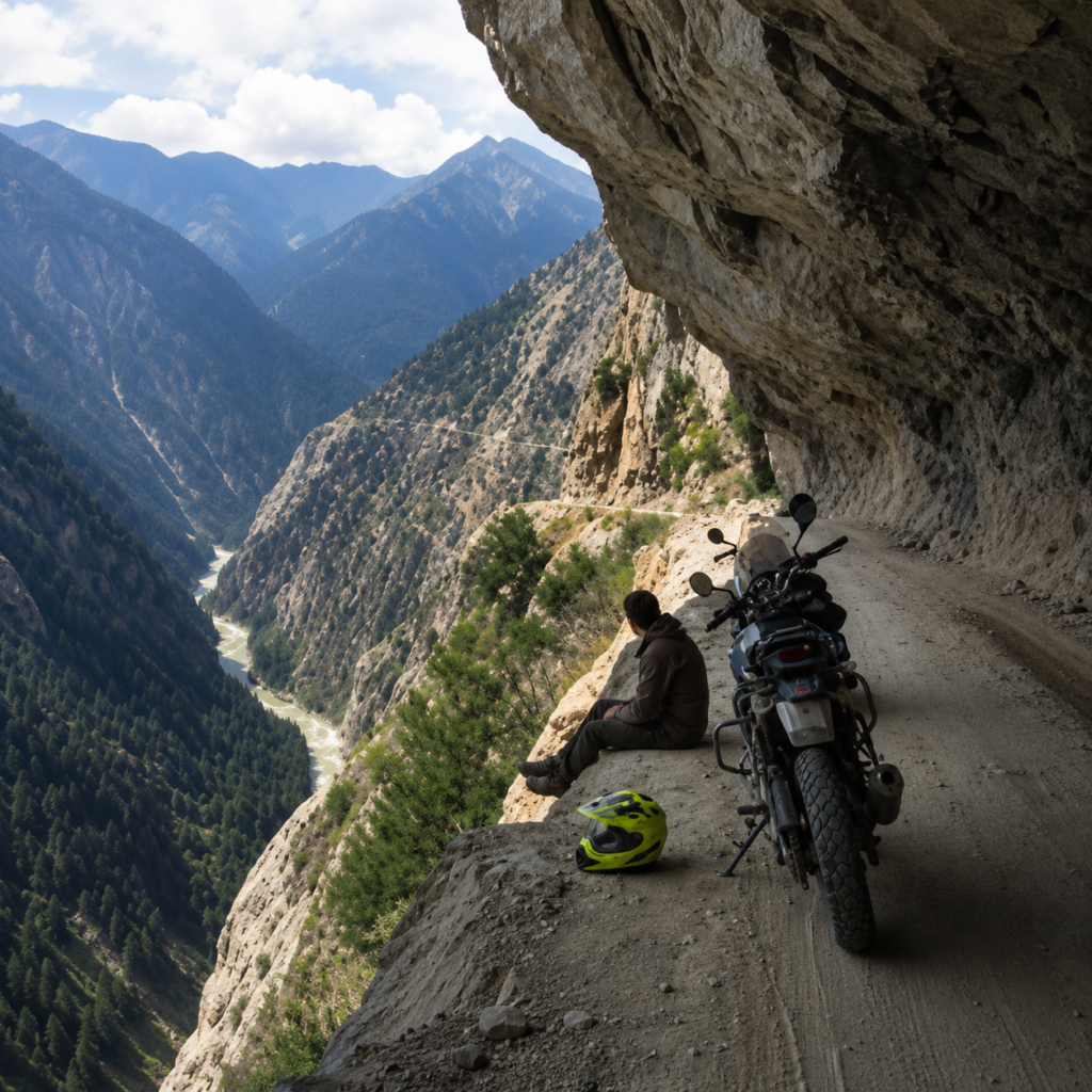 biker-sitting-on-roadside-cliff-on-Kishtwar–Killar road-motorcycle-on-a-expedition-circuits